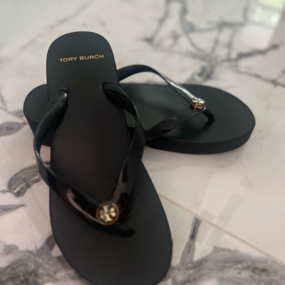 Tory Burch Black Sandals with Gold Accents